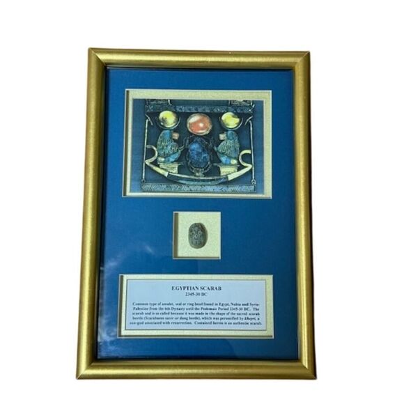 Framed Egyptian Scarab 2345-30 BC amulet Authentic - Picture 1 of 6